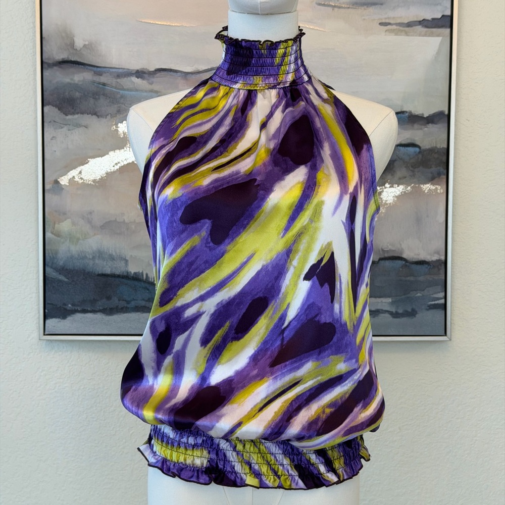 Vintage Y2K A. Byer Halter Top Smocked Neck & Waist Purple Lime Abstract Print